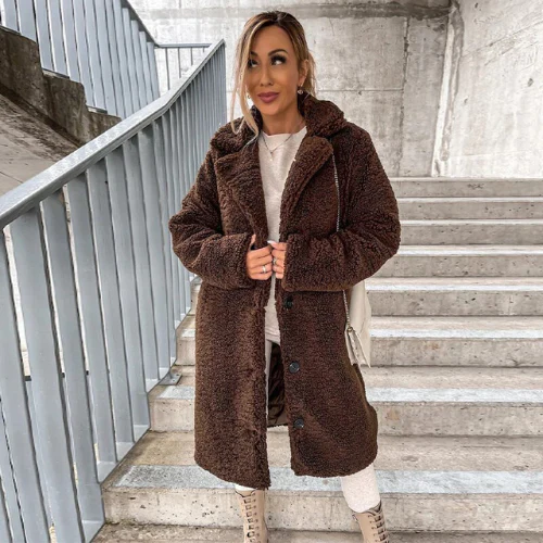 Fashionable women's plush winter outerwear, button-front, notched collar for layered looks.