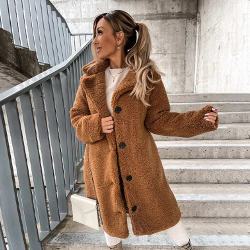 Elegant women's plush button-front coat, notched collar, ideal for winter style & warmth.