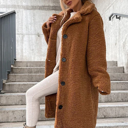 Women's winter plush coat, button-front, notched collar, a warm and chic outerwear choice.
