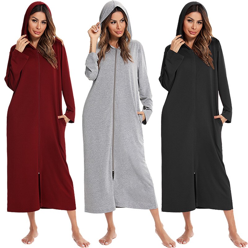 Women's plush zip-up hooded nightdress for cozy comfort & relaxation at home.