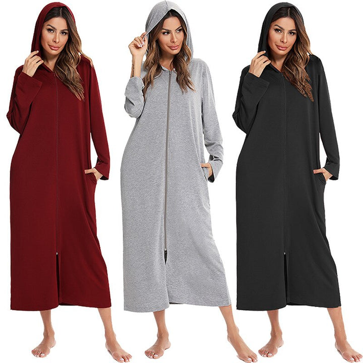 Women's plush zip-up hooded nightdress for cozy comfort & relaxation at home.
