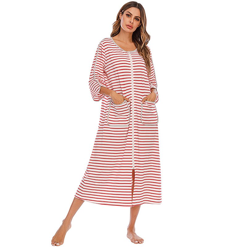 Hooded mid-length plush nightdress for women, with convenient zip closure & pockets.