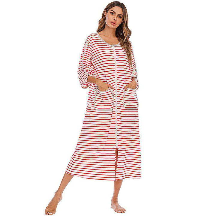 Hooded mid-length plush nightdress for women, with convenient zip closure & pockets.