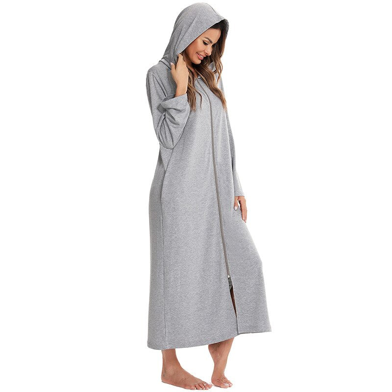 Plush women's hooded loungewear: zip-up nightdress for ultimate home relaxation & comfort.