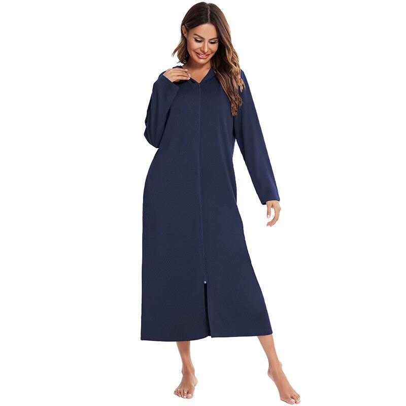 Cozy women's hooded zip-up nightdress in soft plush fabric for sleep, lounge & comfort.
