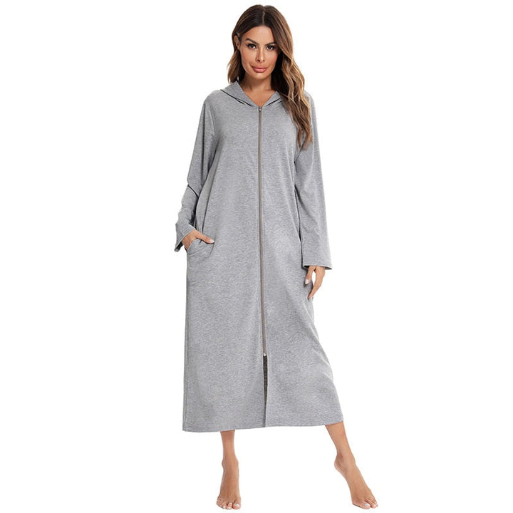Mid-length plush women's nightdress with full zip-up front & practical pockets.