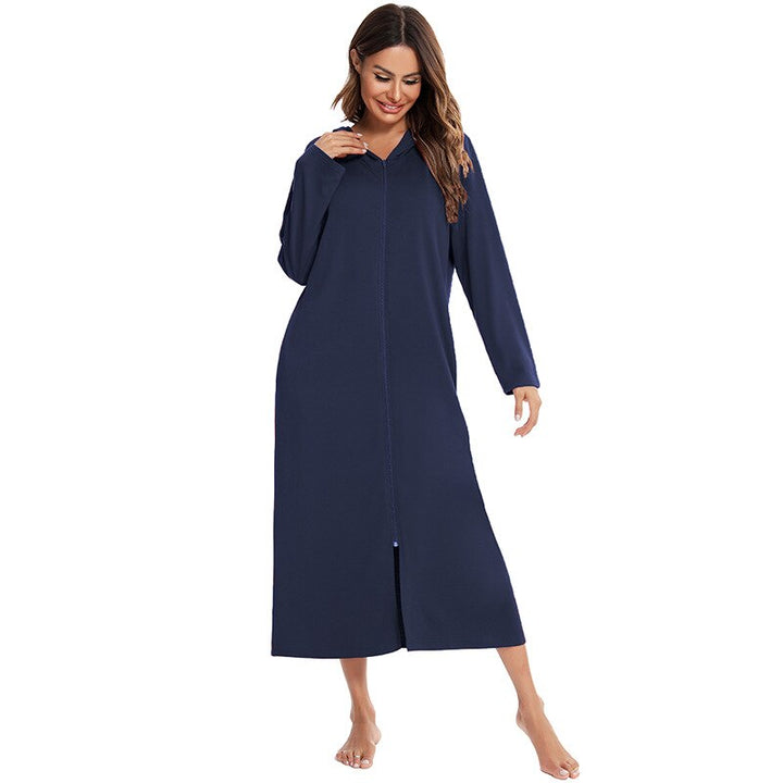Warm plush zip-up hooded nightdress, ideal for cozy women's sleepwear and comfort.