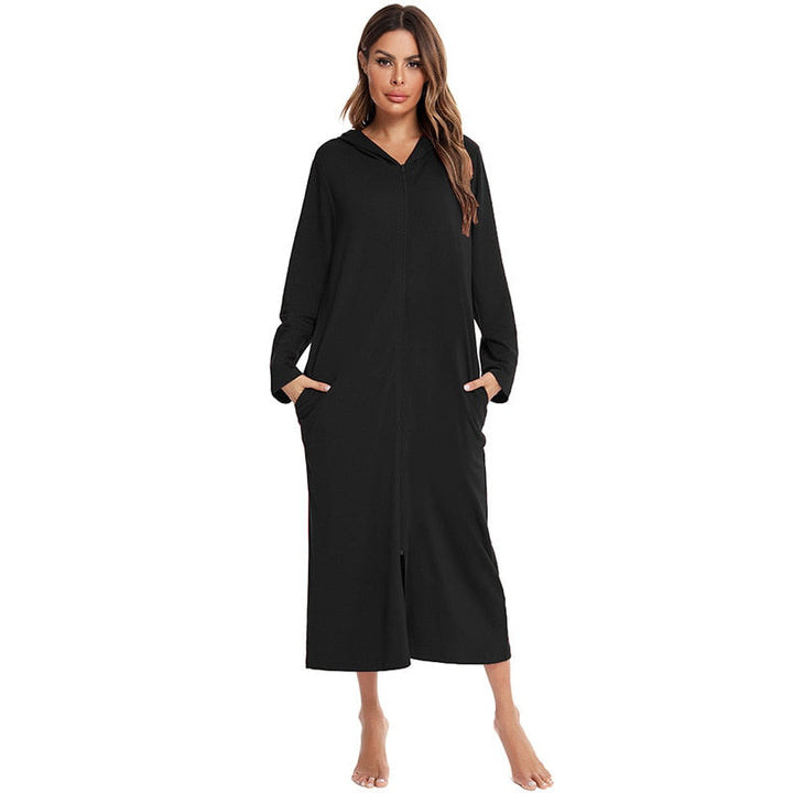 Relaxing women's mid-length hooded nightdress with zip & pockets for cozy home wear.