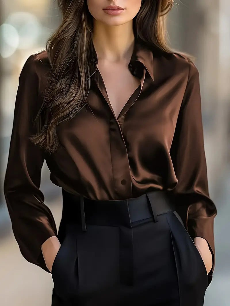 Women's polished workwear button-down shirt blouse, long sleeve professional top for office fashion.