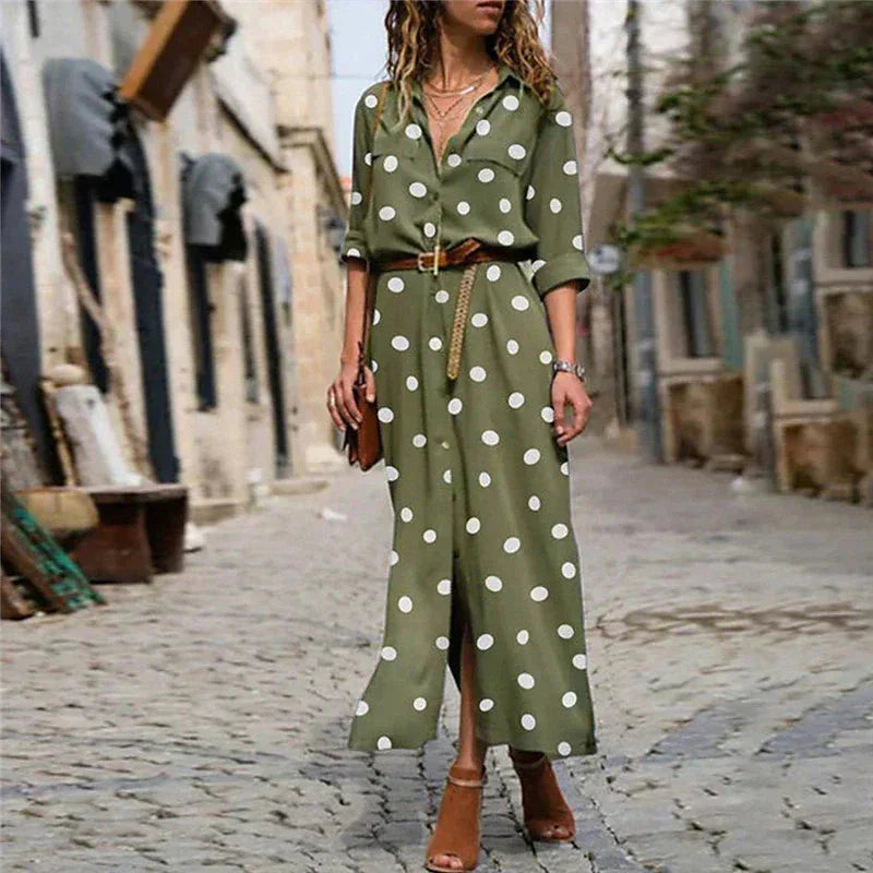 Women's polka dot button-down maxi dress with long sleeves & v-neck. Casual elegant flowy style.