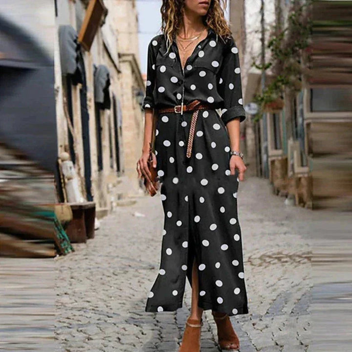 Versatile women's polka dot maxi dress, perfect for spring/autumn. Button-down shirt dress for day to night.