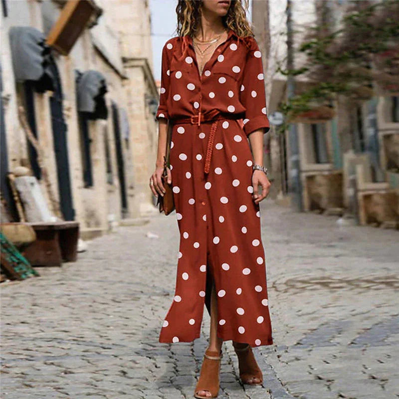 Flowy women's polka dot maxi dress featuring a chic button-down front, long sleeves, and a flattering v-neck.