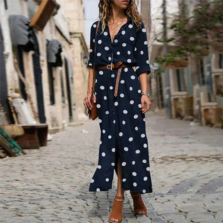 Stylish women's polka dot button-down maxi dress for effortless style. Comfortable, long sleeve, and versatile.