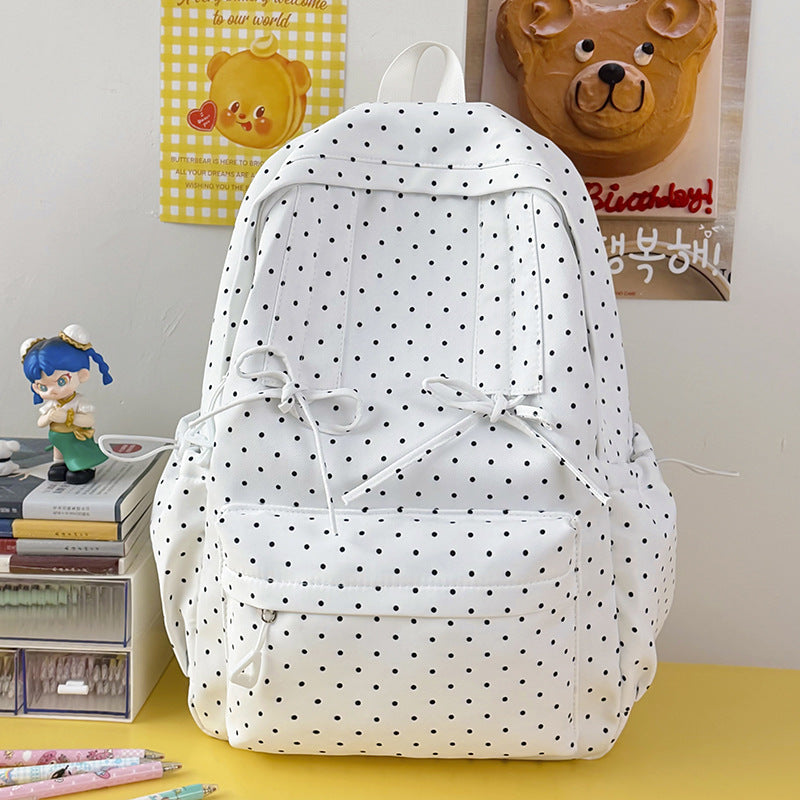 Cute polka dot backpack for women, perfect for school, travel, or everyday casual use.