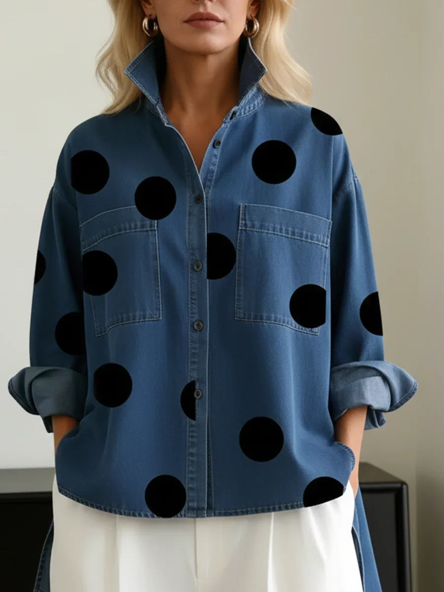 Casual women's long sleeve polka dot shirt. Oversized fit, button-front, and flattering high-low design.