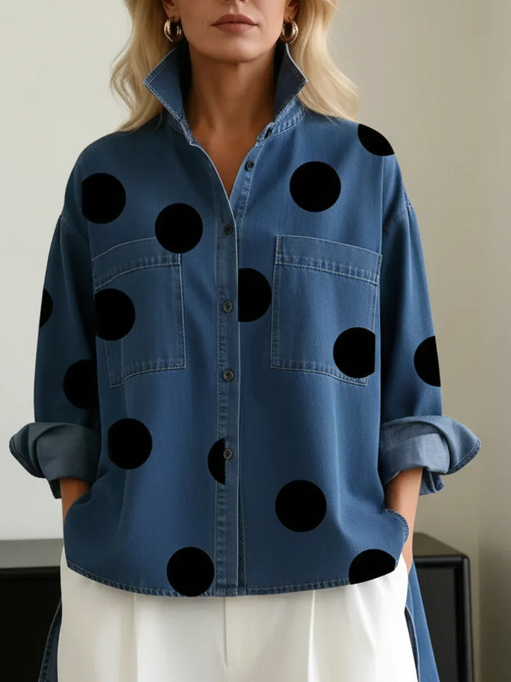 Casual women's long sleeve polka dot shirt. Oversized fit, button-front, and flattering high-low design.