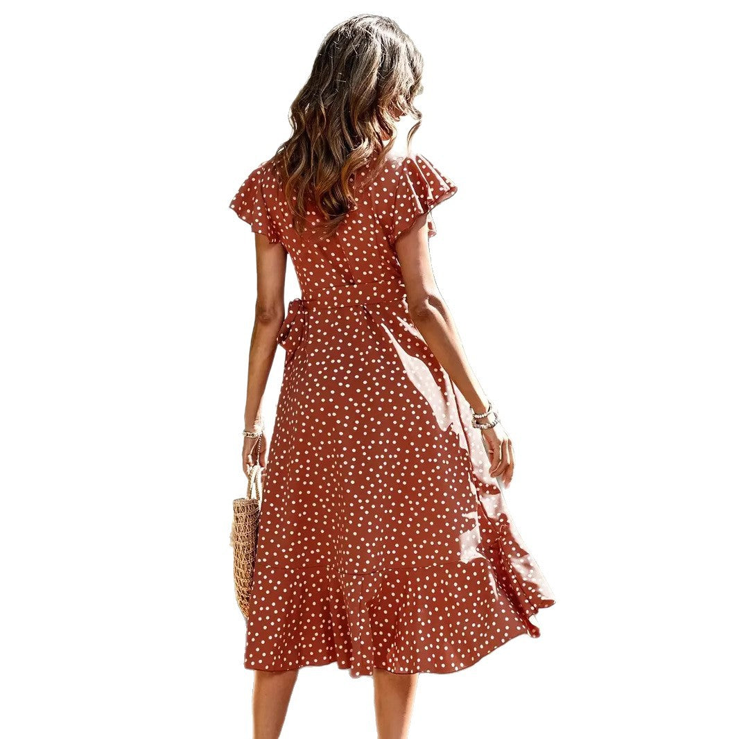 Versatile women's polka dot wrap dress, adjustable & chic, great for casual summer days or elegant events.