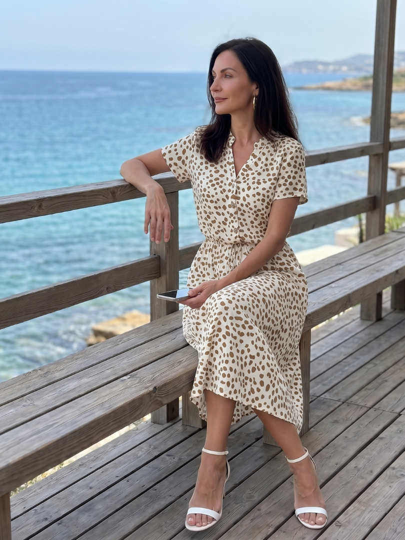 Women's printed short sleeve midi dress. Belted waist, button front closure, ideal for summer.