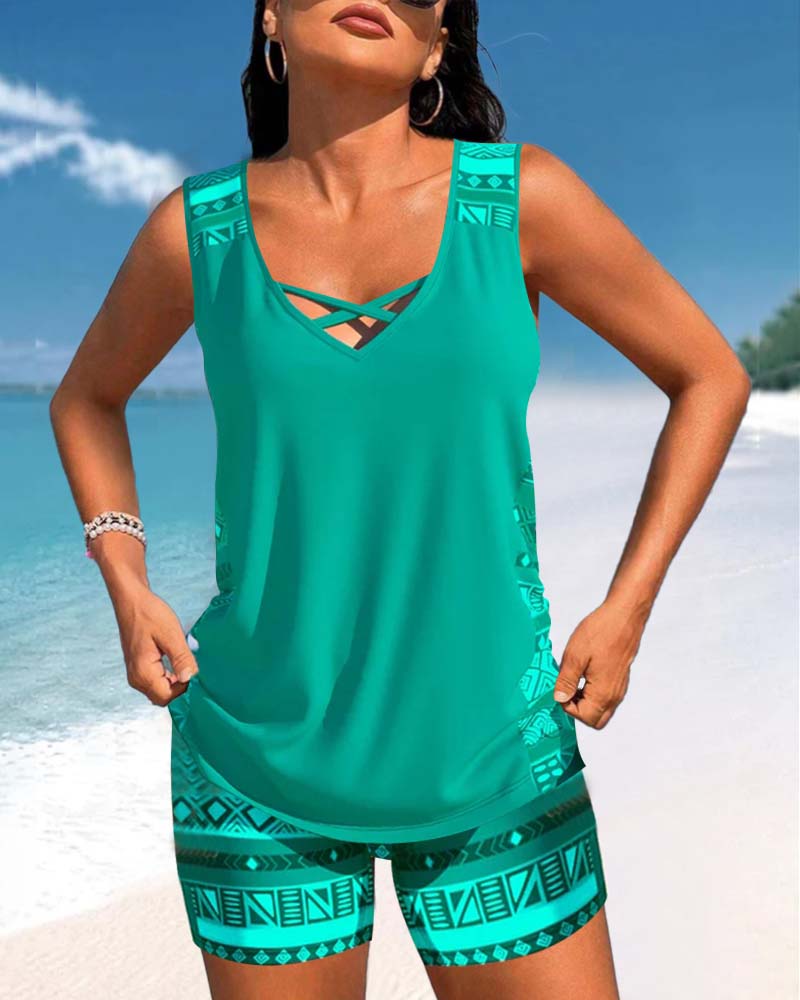 Women's printed criss cross neck tankini swimsuit, perfect two-piece for beach & pool.