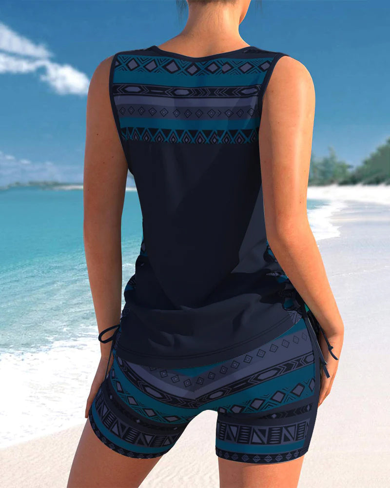 Beach fashion women's printed two-piece tankini, featuring a criss cross neckline.