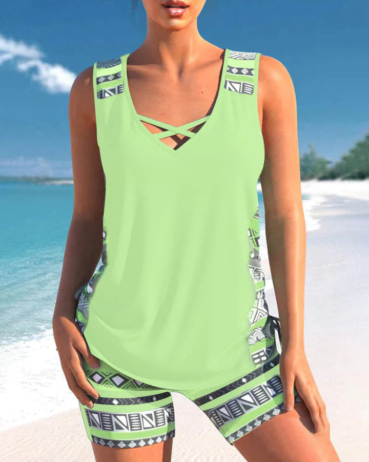 Flattering printed criss cross neck tankini for women, a must-have two-piece swimsuit.