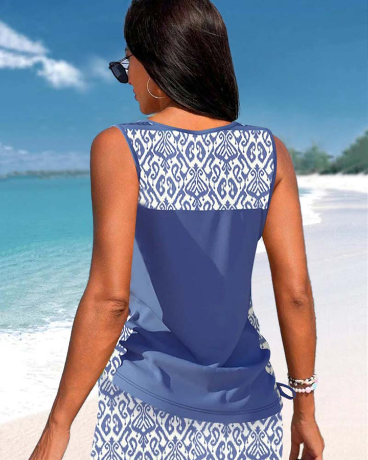 Elegant ladies' criss cross neck printed tankini swimsuit, great for holidays.