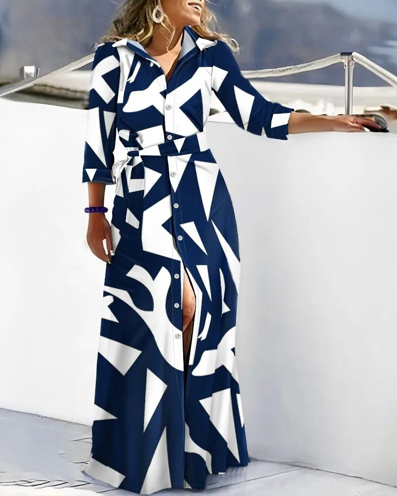 Women's printed long sleeve midi shirt dress with belt. Elegant & versatile for casual chic or party wear.