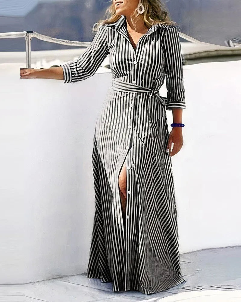 Fashionable women's long sleeve printed midi dress, belted shirt style, great for everyday or special occasions.