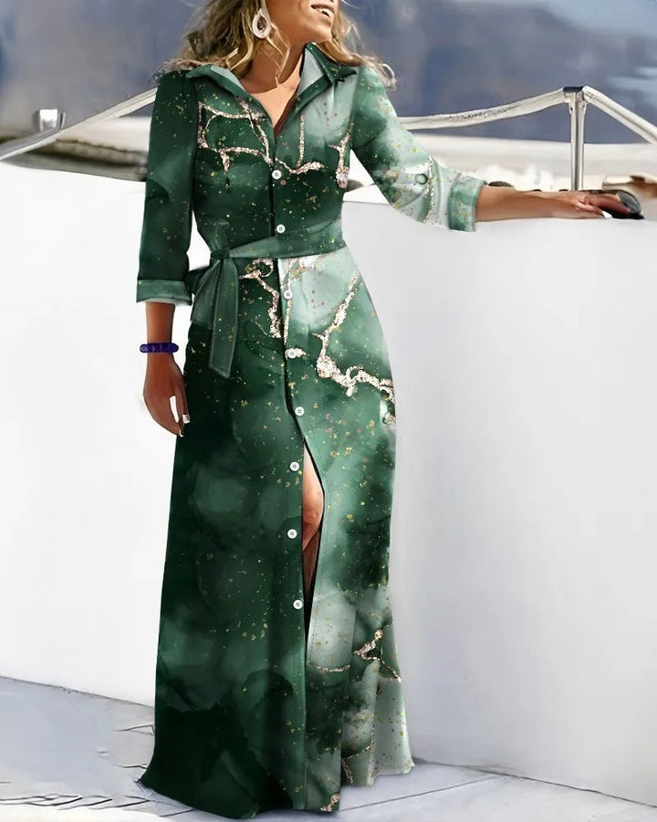 Comfortable & stylish women's belted long sleeve printed midi shirt dress, ideal for versatile autumn looks.