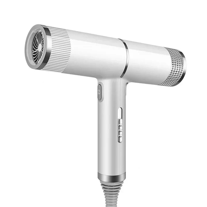 Professional ionic hair dryer in packaging, highlighting its frizz control and shine boost features.