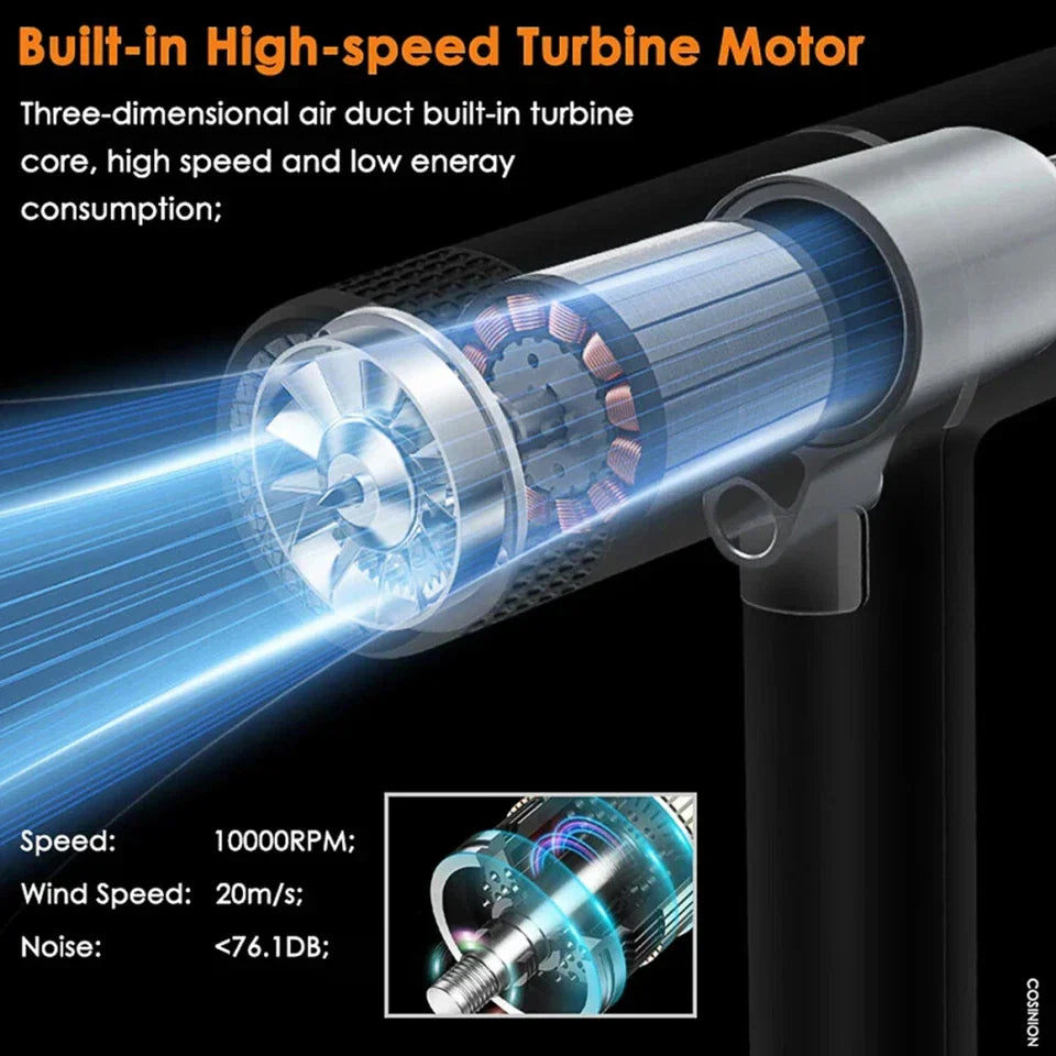 Hair dryer displaying its ionic and ceramic features for ultimate frizz control and glossy finish.