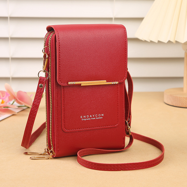 Women's PU leather touchscreen phone bag, compact crossbody wallet for hands-free convenience.
