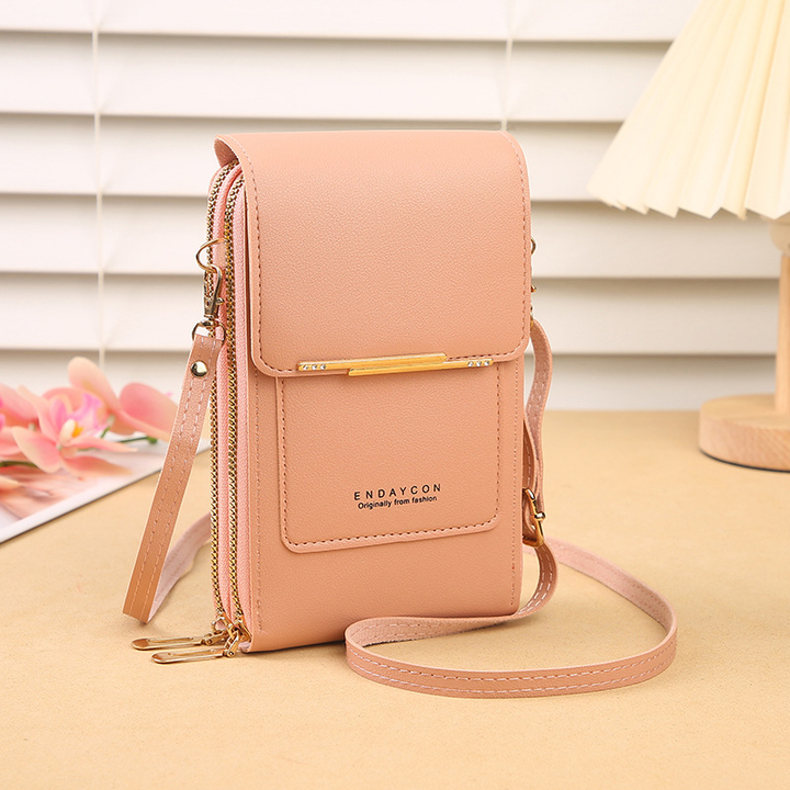 Hands-free women's phone bag with clear touchscreen access, integrated wallet, ideal for daily errands.
