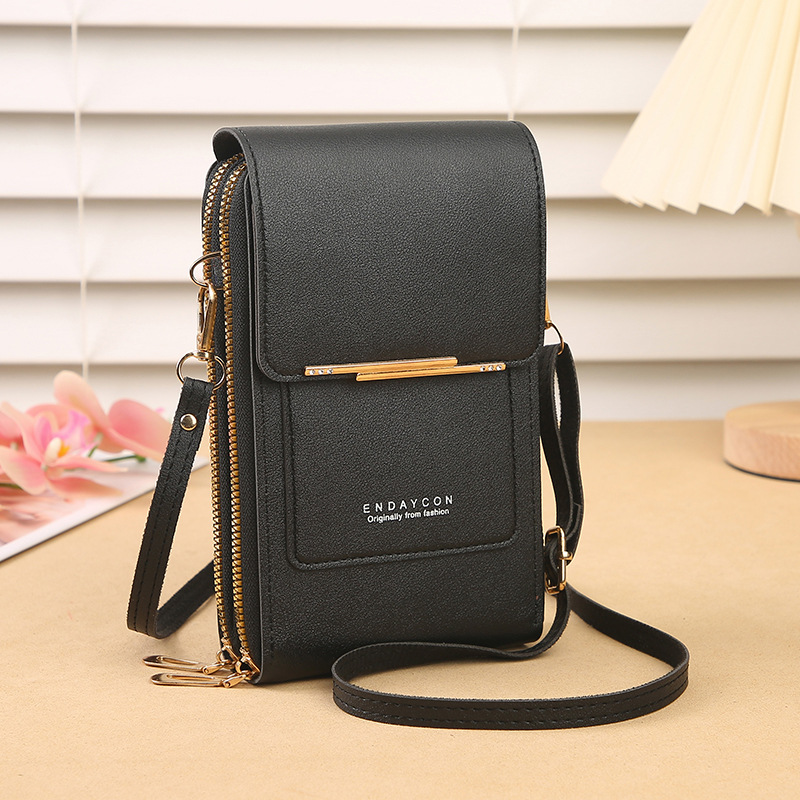 Elegant PU leather crossbody phone bag for women, compact design with a secure wallet and touchscreen.