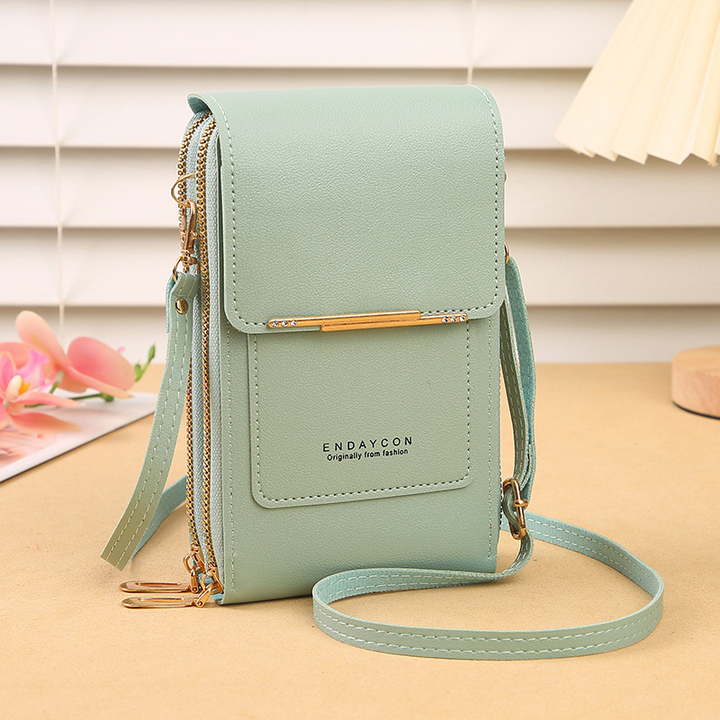 Women's compact touchscreen crossbody phone bag and wallet, PU leather, perfect for hands-free use.
