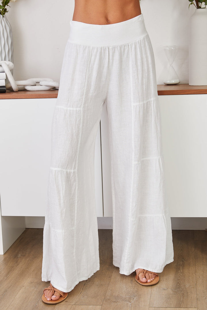 Women's pure linen palazzo pants, wide leg and tiered for comfort and style.