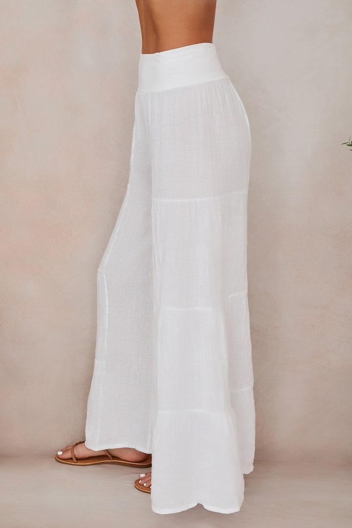 Women's comfortable tiered wide leg linen palazzo pants, elastic waist for ease.