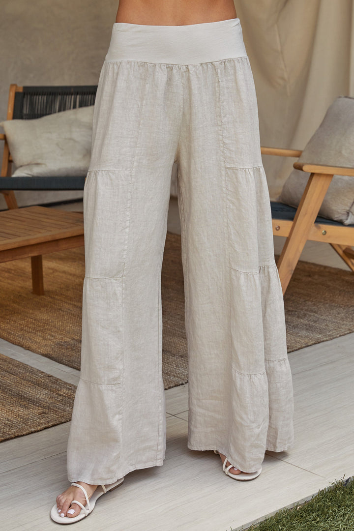 Breathable tiered wide leg linen palazzo pants for women, ideal for hot weather.