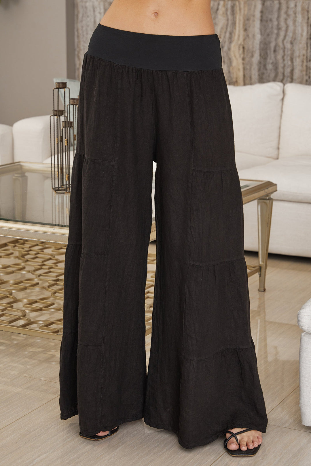 Effortless women's linen palazzo pants, wide leg tiered for casual summer fashion.