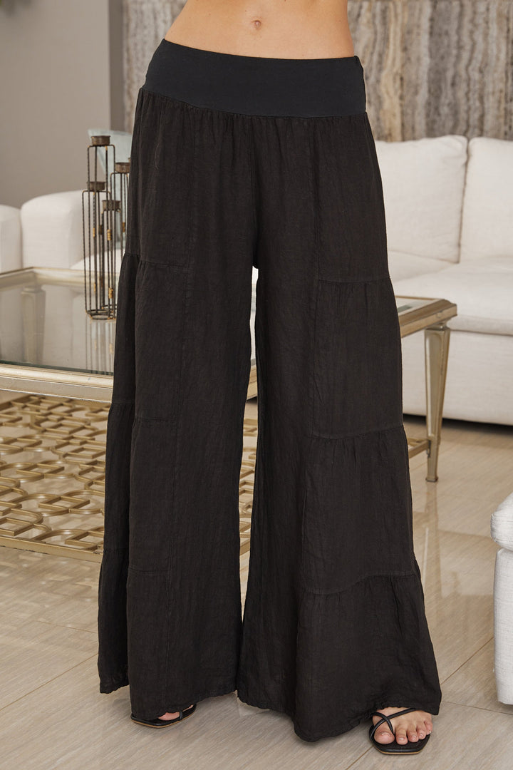 Effortless women's linen palazzo pants, wide leg tiered for casual summer fashion.