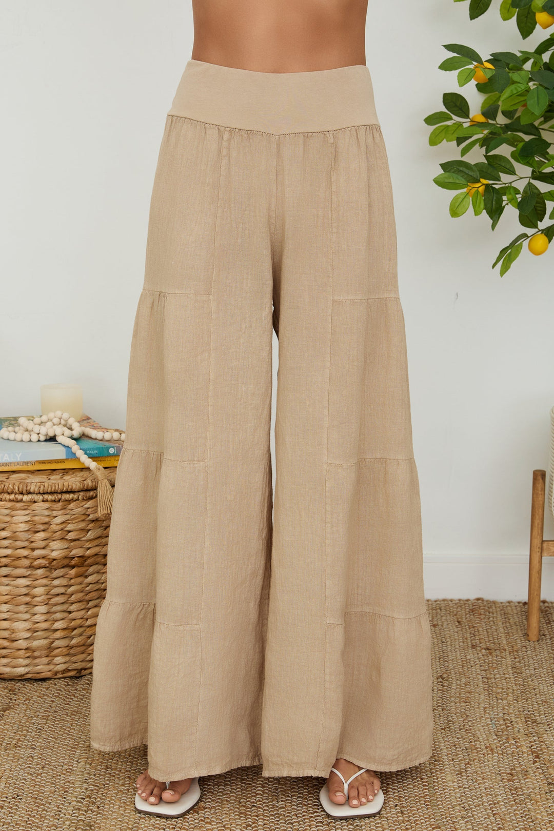 Stylish tiered linen palazzo pants for women, wide leg and breathable for daily wear.