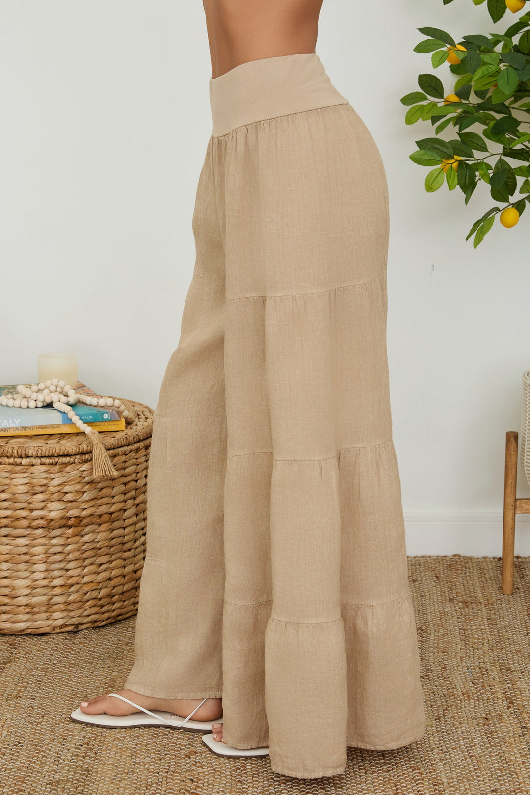 Elegant casual women's wide leg linen palazzo pants, tiered details enhance the look.