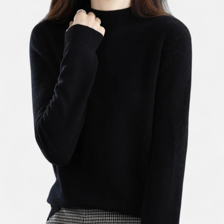 Detailed view of the half-neck detail on a women's elegant pure wool knit sweater