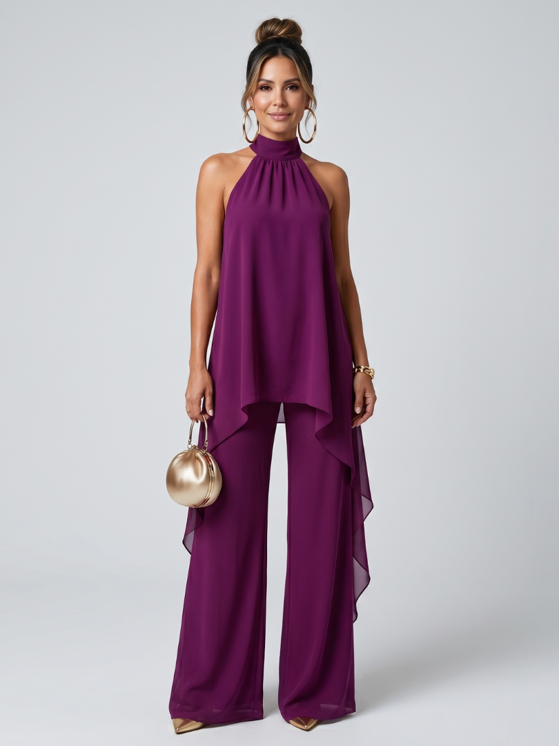 Women's purple asymmetric tunic & wide leg pants set. Flowing, relaxed fit for casual chic summer and resort wear.