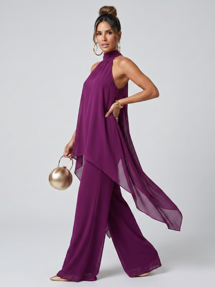 Relaxed fit women's purple asymmetric tunic & wide leg pants, perfect for elegant casual chic summer fashion.