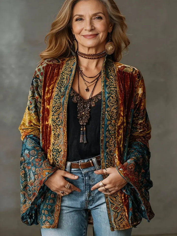 Bohemian women's vintage kimono jacket, quilted longline design, ideal for festival fashion & relaxed layering.