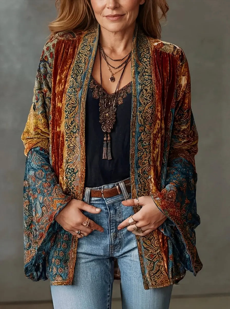 Unique women's quilted kimono jacket, vintage boho style longline outerwear for spring & autumn fashion.