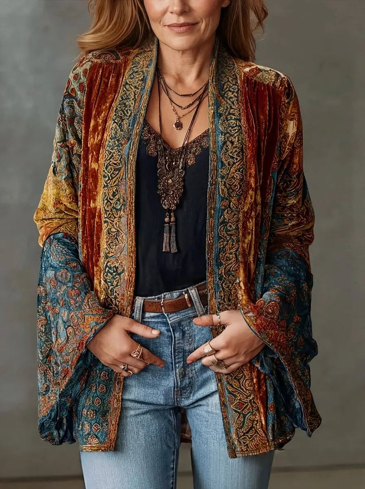 Unique women's quilted kimono jacket, vintage boho style longline outerwear for spring & autumn fashion.