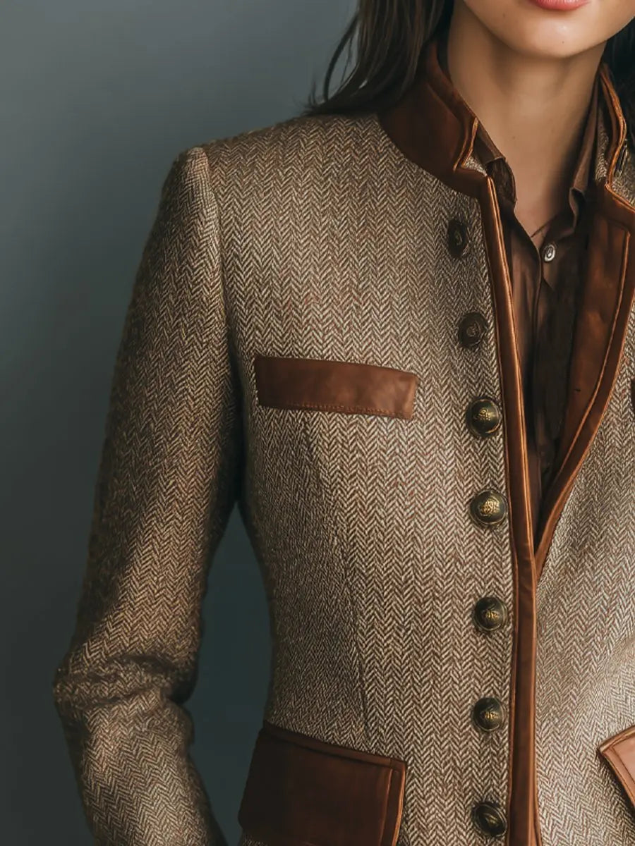 Vintage herringbone quilted blazer for women, tailored with elegant leather trim, ideal for smart casual.