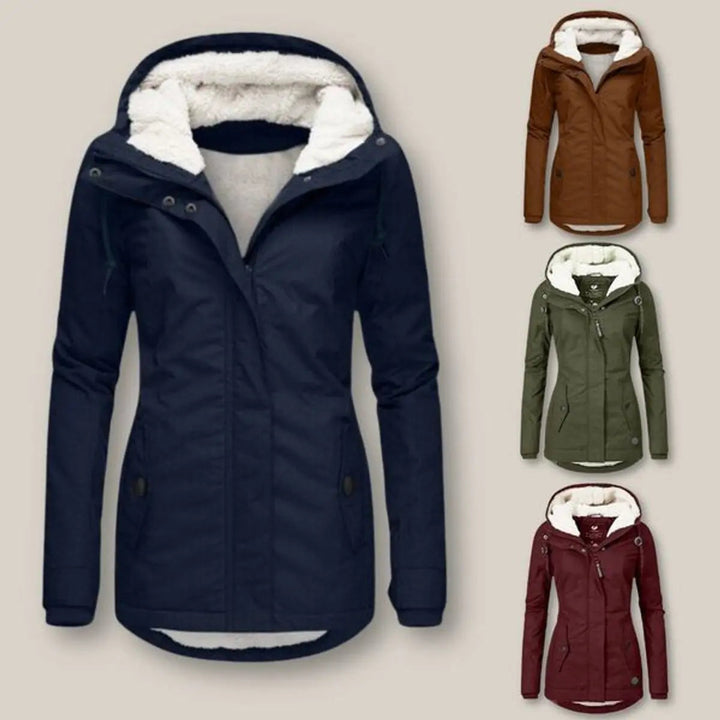 Modern women's quilted winter jacket, a stylish hooded coat for cold weather fashion.